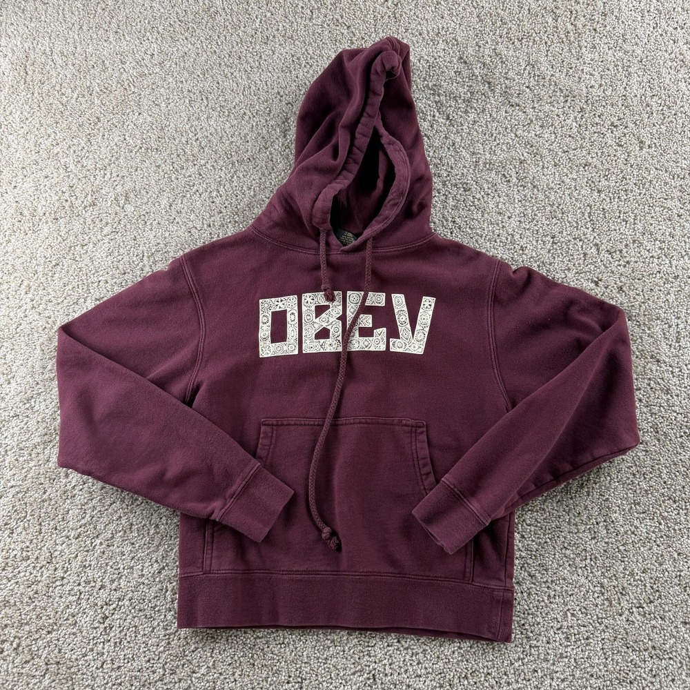 Obey Hoodie Womens XS Red Graphic Fleece Pullover Sweatshirt Kangaroo Pocket
